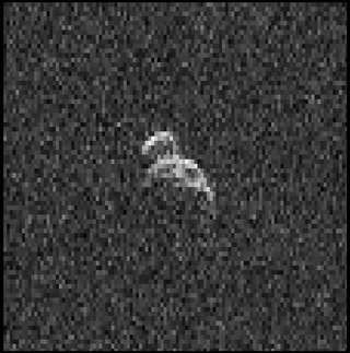 Radar data of asteroid 2006 DP14 were obtained in February 2014. The asteroid is about 1,300 feet (400 meters) long, 660 feet (200 meters) wide. Image uploaded Feb. 25, 2014.