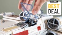 Lego UCS X-Wing hatch being opened by a hand, with 'best deal' badge in the top right corner