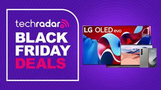 Assorted tech products on purple background with techradar black friday deals text overlay