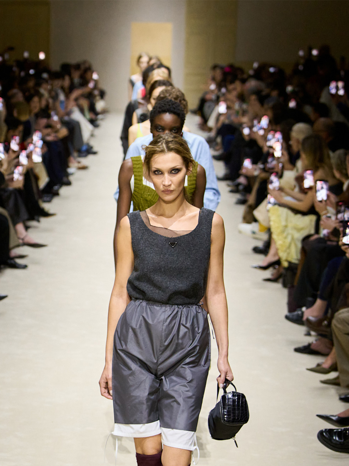 Bella Hadid walking in the finale of Prada's F/W 26 show.