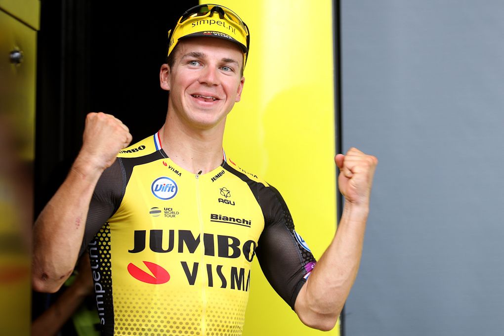 Dylan Groenewegen on the Tour de France podium after winning stage 7