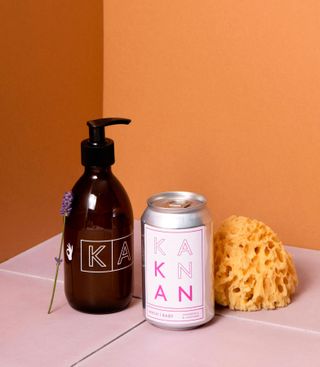Kankan soap refill in aluminum cans with glass bottle and loofa