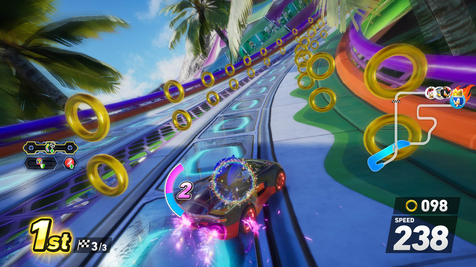 Sonic drifts around a raised corner in a tropical stage in Sonic Racing: CrossWorlds while collecting heaps of rings