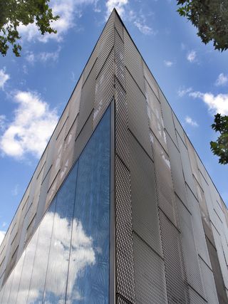 Corner view of building with metal cladding exterior