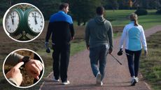 three golfers walking down a path on a golf course with inset images of a clock and a golfer pointing to a watch