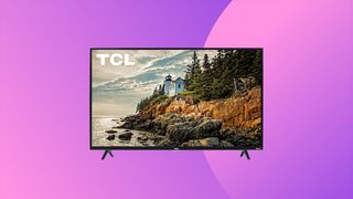 A TCL 4K TV on a lovely purple background. 