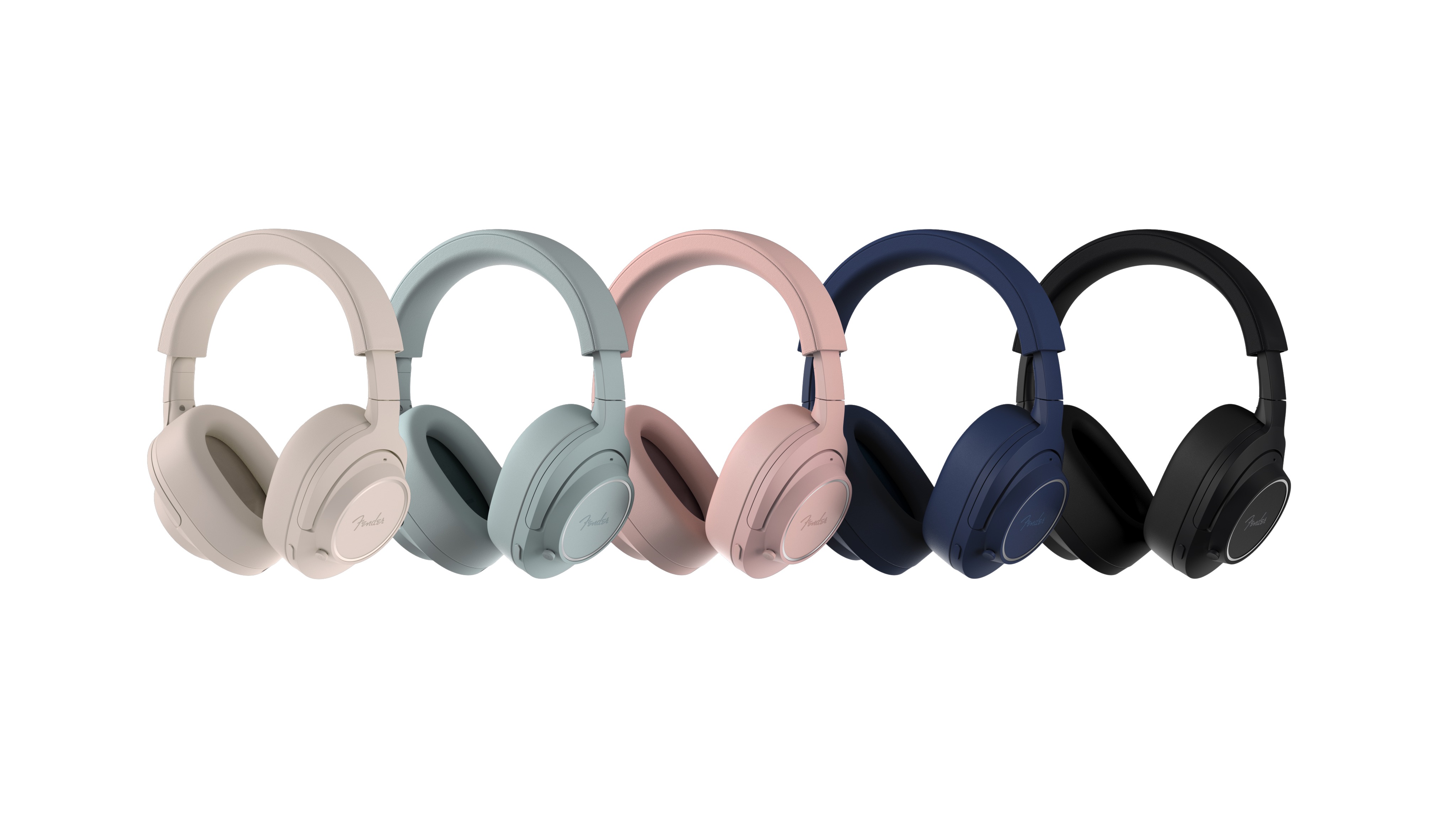 A row of Fender Audio MIX headphones in various colours on a white background.