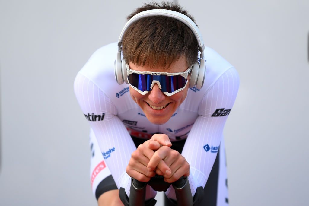 DAMPIERRE FRANCE MARCH 07 Tadej Pogacar of Slovenia and UAE Team Emirates White best young jersey warming up prior to the 81st Paris Nice 2023 Stage 3 a 322km team time trial from Dampierre en Burly to Dampierre en Burly ParisNice on March 07 2023 in Dampierre France Photo by Alex BroadwayGetty Images