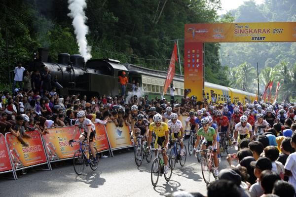 Riders started the race next to a steam locomotive