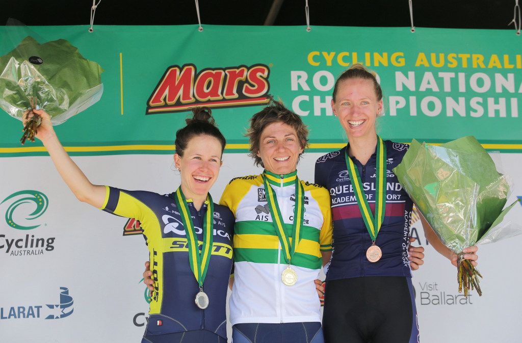 Amanda Spratt and Katrin Garfoot (Orica-Scott) were joined by Lucy Kennedy on the podium