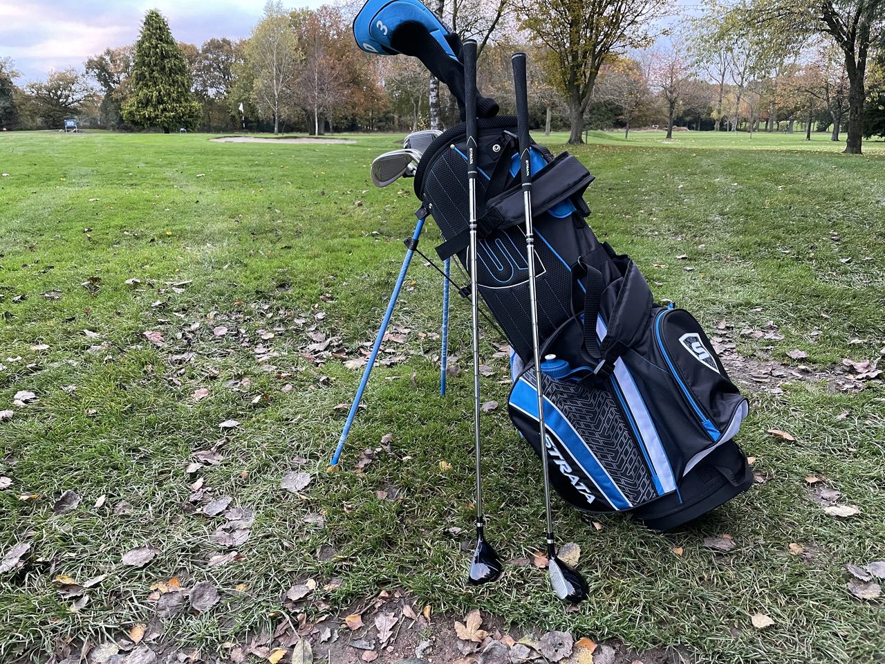 The two hybrids in the strata men's package set leaning up against the bag