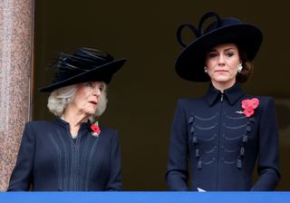 Queen Camilla and Catherine, Princess of Wales attend the National Service of Remembrance at The Cenotaph on November 12, 2023 in London, England.