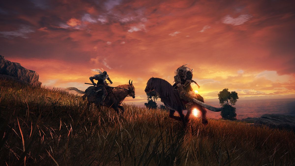 A cinematic shot of player on horse charging mounted enemy as the sun sets in the background