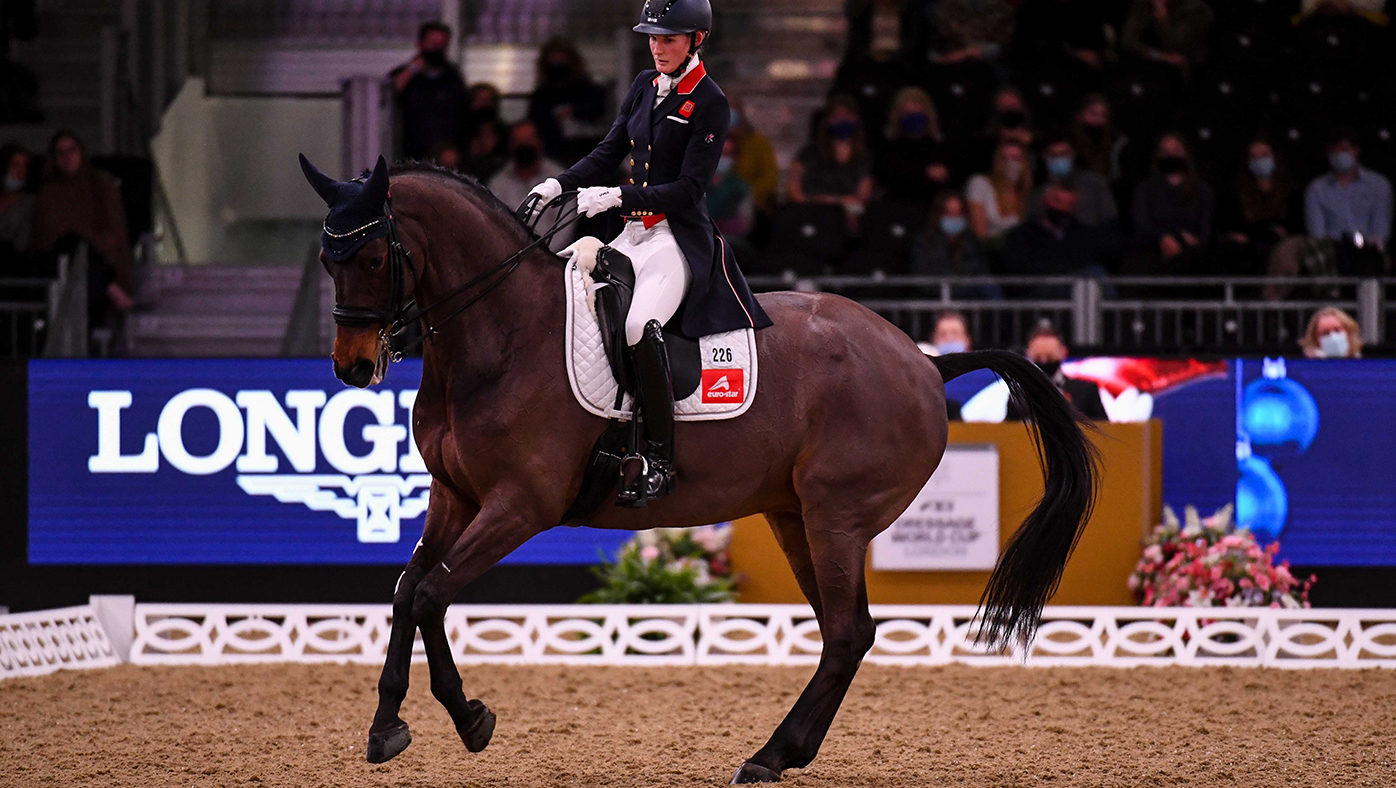 Pictured British dressage rider Lara Butler and Kristjan competing at the London International Horse Show 2021