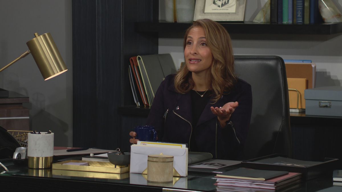 Christel Khalil as Lily in the office in The Young and the Restless