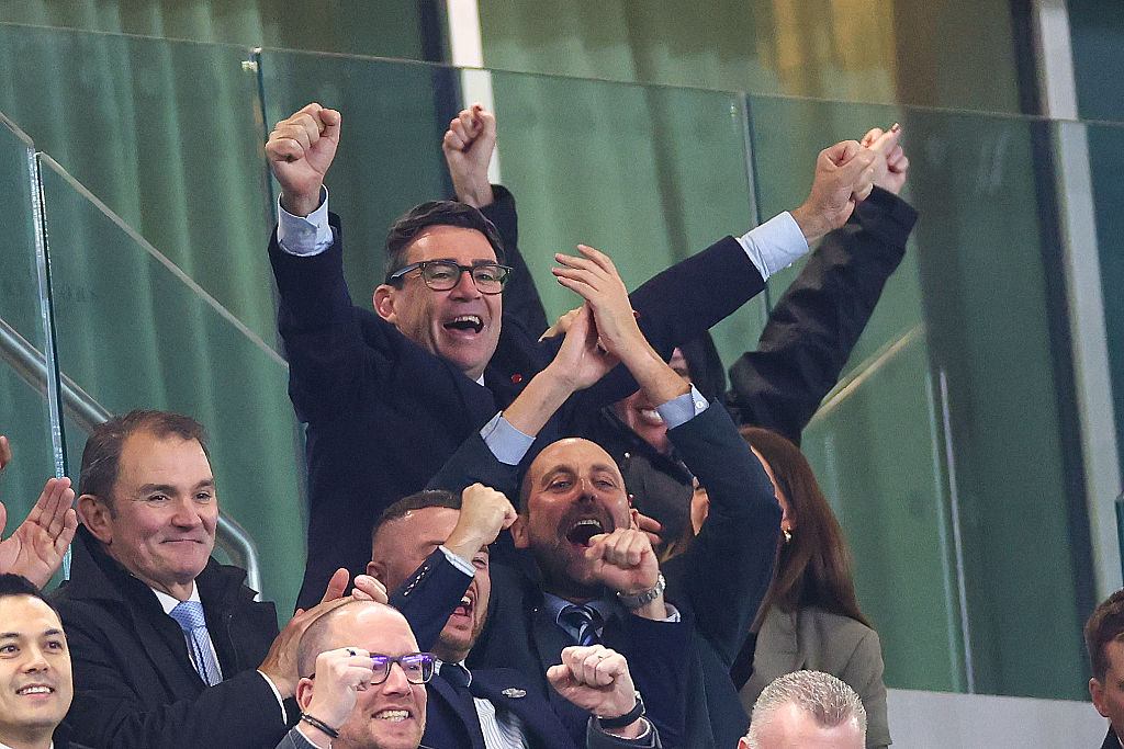LIVERPOOL, ENGLAND - OCTOBER 29: Andy Burnham, Prime Minister of the United Kingdom and Everton fan celebrates the second goal during the Carabao Cup Fourth Round match between Everton and Newcastle United at Hill Dickinson Stadium on October 29, 2026 in Liverpool, England. (Photo by Robbie Jay Barratt - AMA/Getty Images)