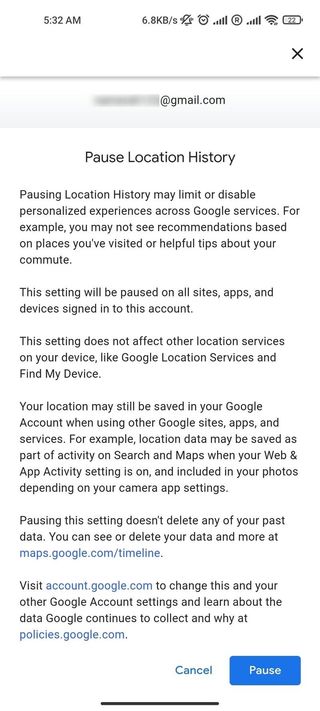 Google Maps Location History Screenshot