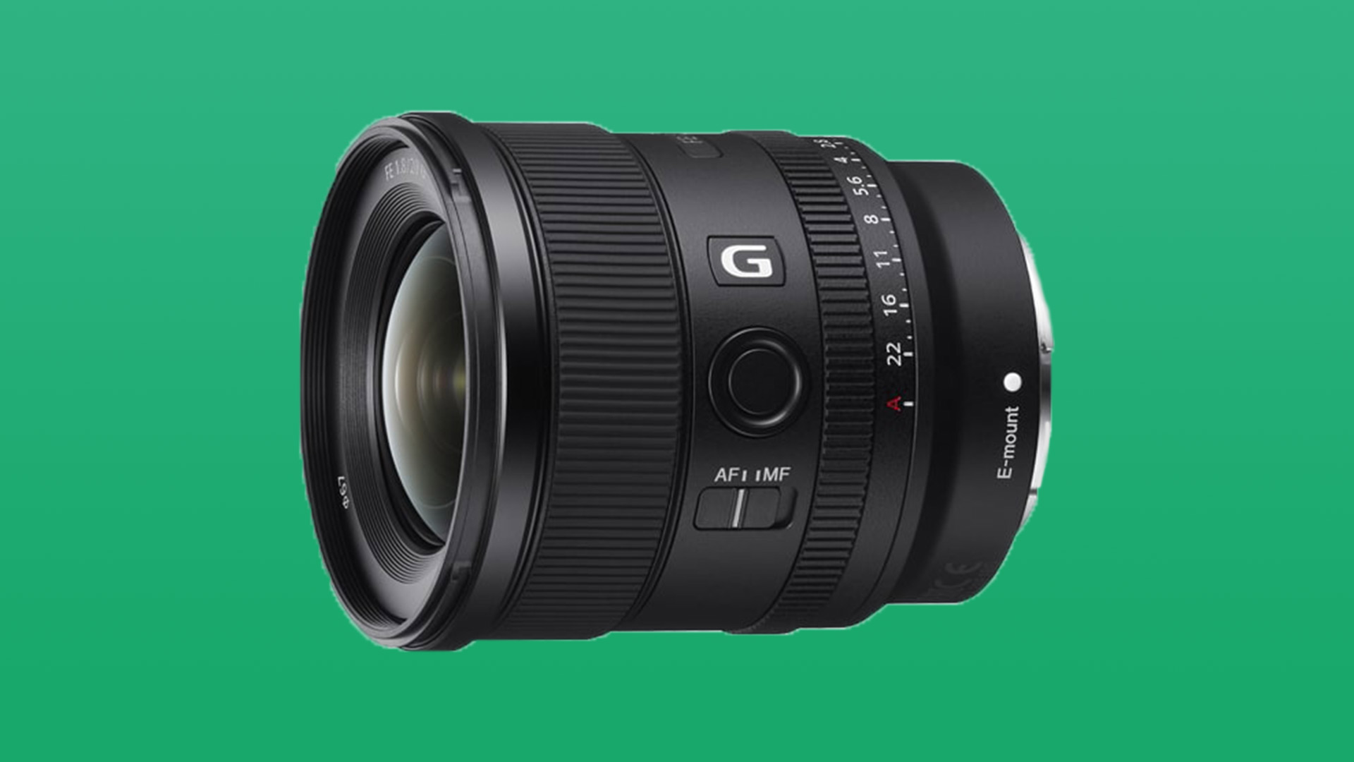Sony 20mm F/1.8 Prime Lens on a green background