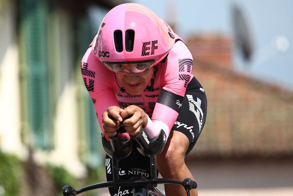 EF EducationEasyPosts Ecuadorian rider Richard Carapaz competes in the fourth stage of the 75th edition of the Criterium du Dauphine cycling race individual time trial 311km between Cours to Belmont de La Loire France on June 7 2023 Photo by AnneChristine POUJOULAT AFP Photo by ANNECHRISTINE POUJOULATAFP via Getty Images