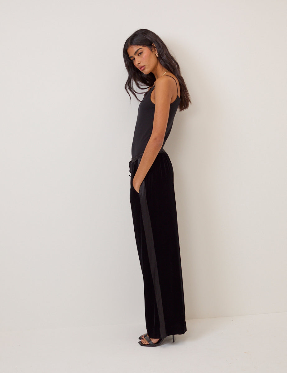Black Velvet Contrast Satin Side Striped Trousers