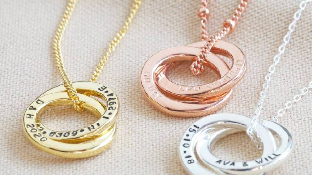 Three personalised necklaces in gold, silver, and rose gold, from Not On The High Street