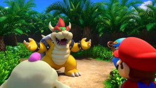 Bowser laughing at Mallow and Mario in Super Mario RPG.