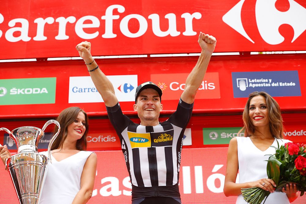 Kristian Sbaragli (MTN-Qhubeka) celebrates on the stage 10 podium.