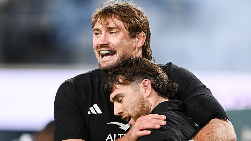 Kyle Preston celebrates scoring with Ethan Blackadder during the Rugby's Greatest Rivalry match between the Sharks and New Zealand at Hollywoodbets Kings Park Stadium.