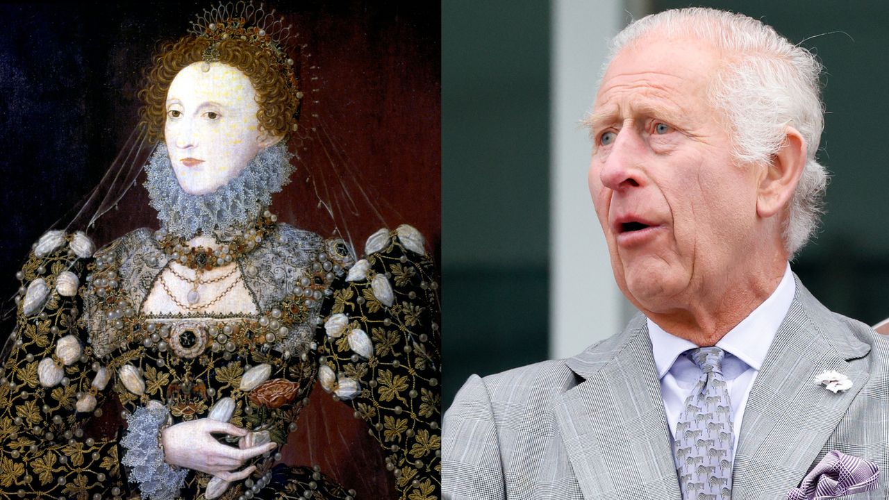 King Charles wearing a gray suit looking shocked and a portrait of Queen Elizabeth I on the left 