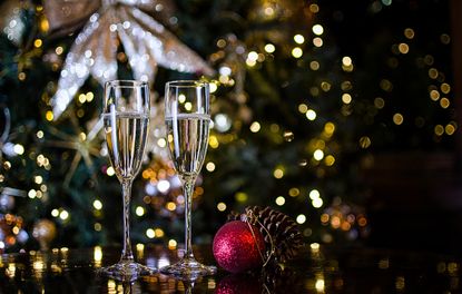 Two Champagne Glasses surrounded by Christmas Decorations