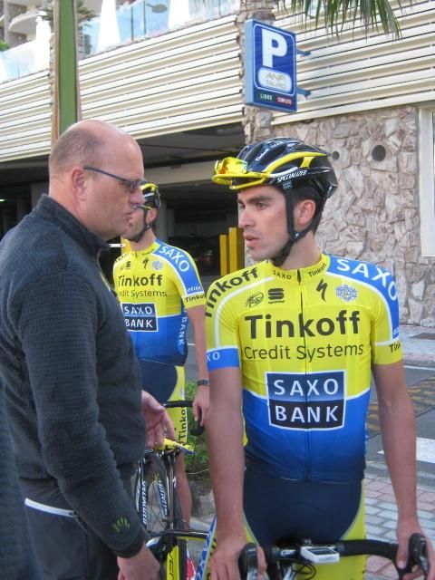 Alberto Contador consults with Bjarne Riis at the Tinkoff-Saxo training camp in Gran Canaria.