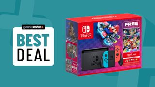 Nintendo Switch Mario Kart 8 bundle on a blue background with 'best deal' badge
