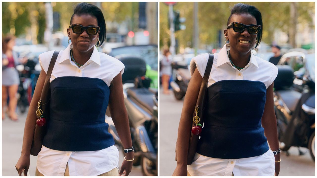 Nikki Ogunnaike wearing a short sleeve button-down shirt and a tube top 