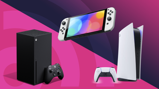 Paras pelikonsoli: Switch, PS5 ja Xbox Series X violetilla TechRadar-taustalla