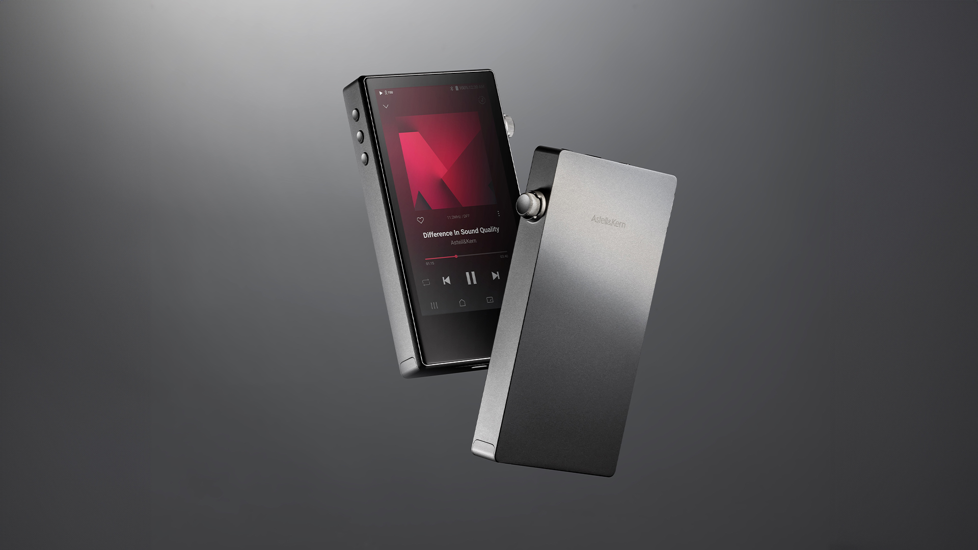 The Astell &amp; Kern portable digital player seen from both the front and behind at a 3/4 angle on a dark background.