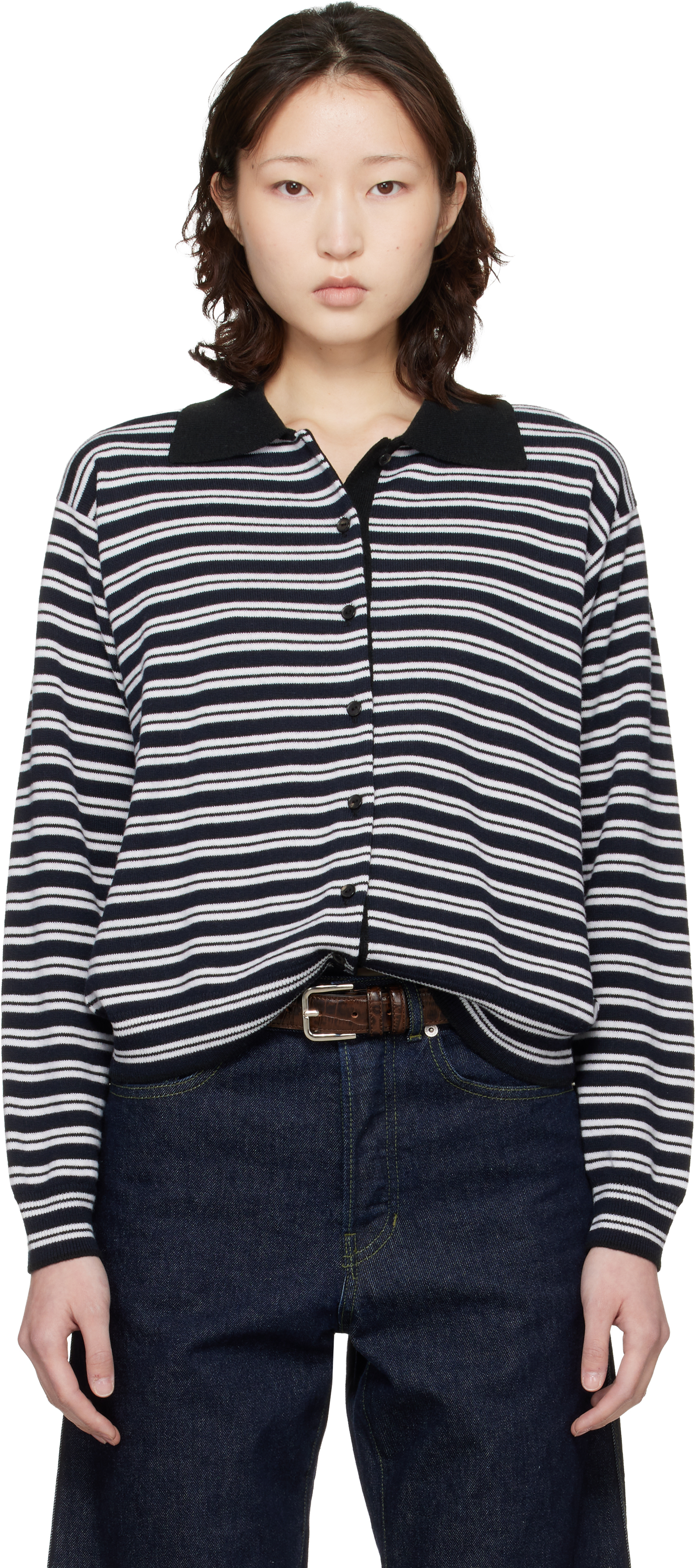 Black &amp;amp; White Merino Wool Striped Polo Cardigan