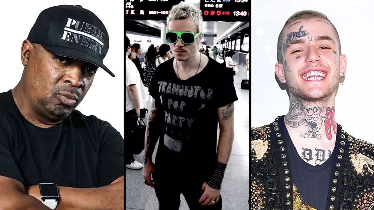 A collage of Chuck D, Liam Howlett and Lil Peep