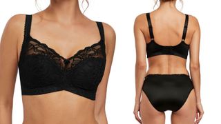 model showing Fantasie bra front and back lace bra in black