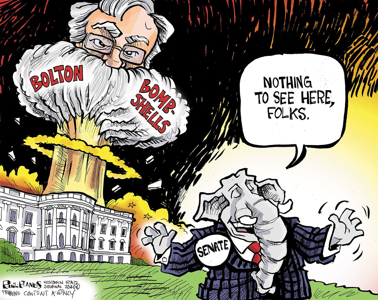 Political Cartoon U.S GOP Bolton explosion impeachment