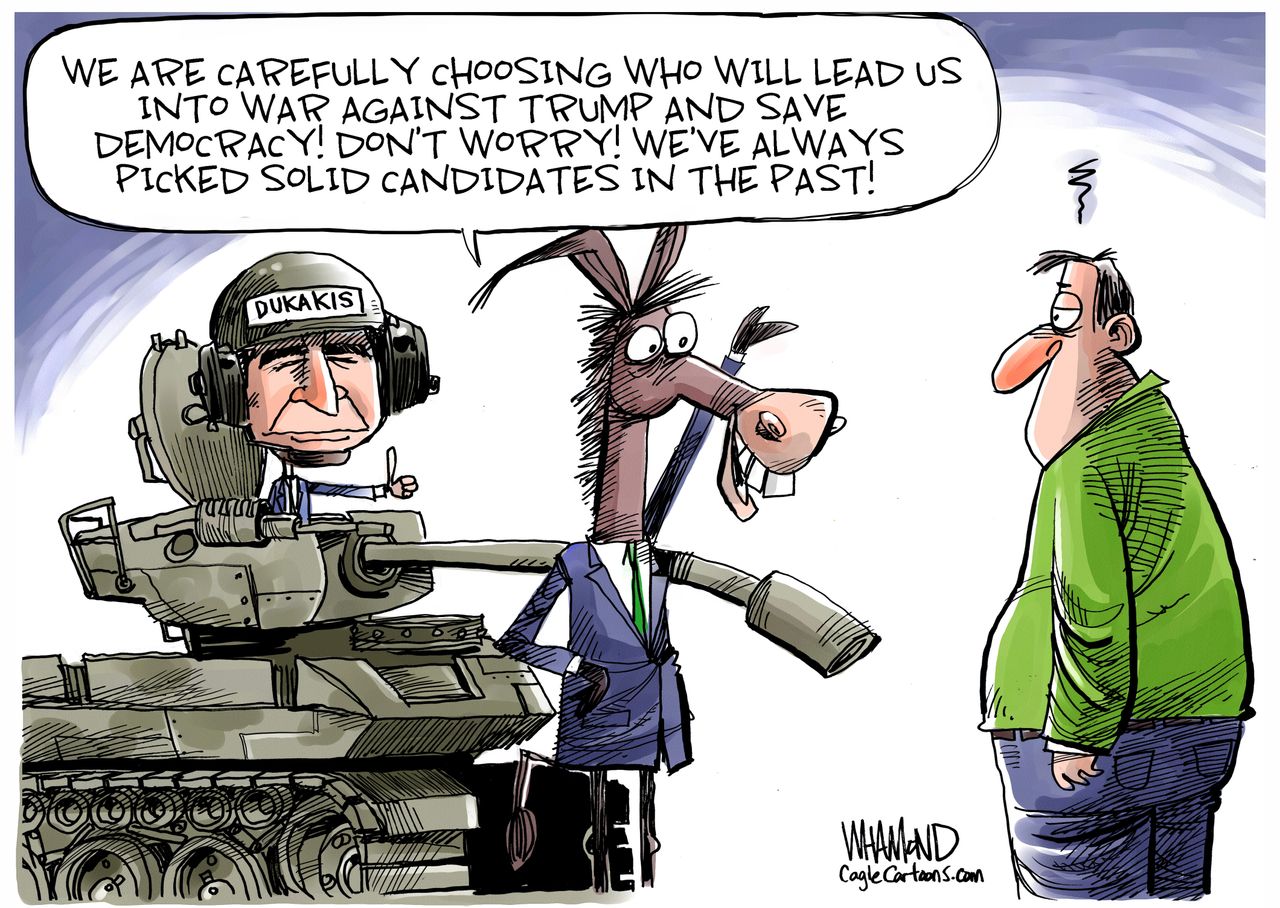 Political Cartoon U.S. Dukakis Trump tank Sanders