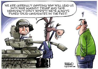 Political Cartoon U.S. Dukakis Trump tank Sanders