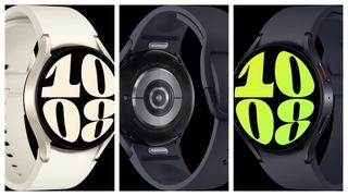 Samsung Galaxy Watch 6 in black and white variants showing their watch faces