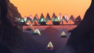 Floating Retreat concept art showing tent-shaped pods suspended between two mountains
