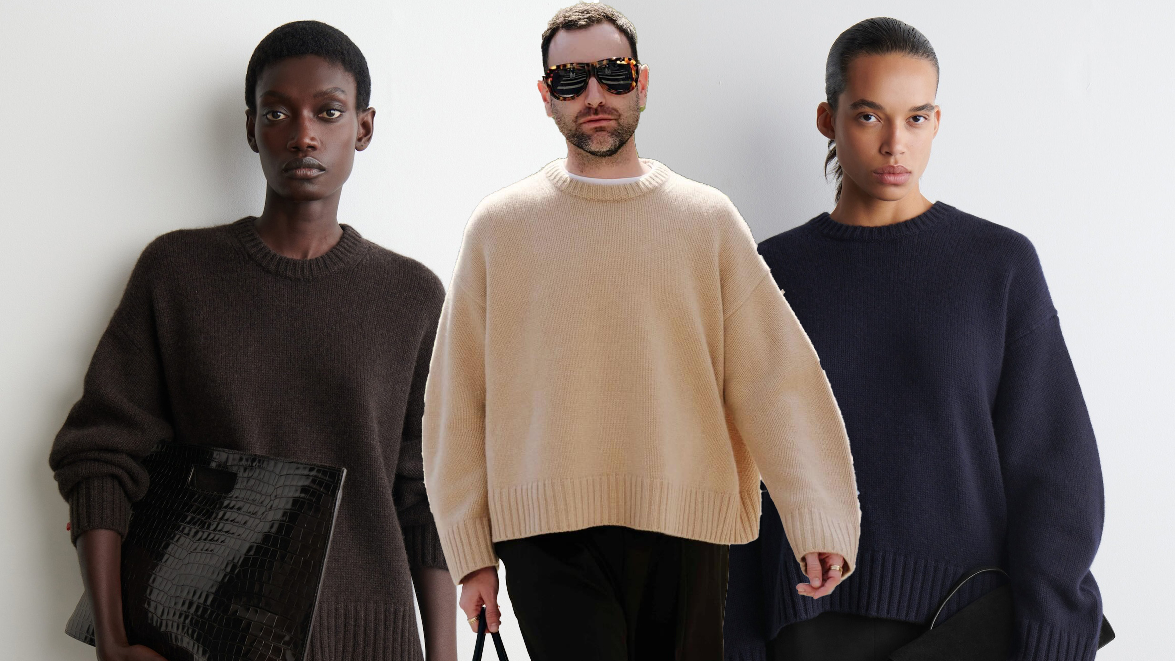 A collage of models and bobby wearing the COS sweater.