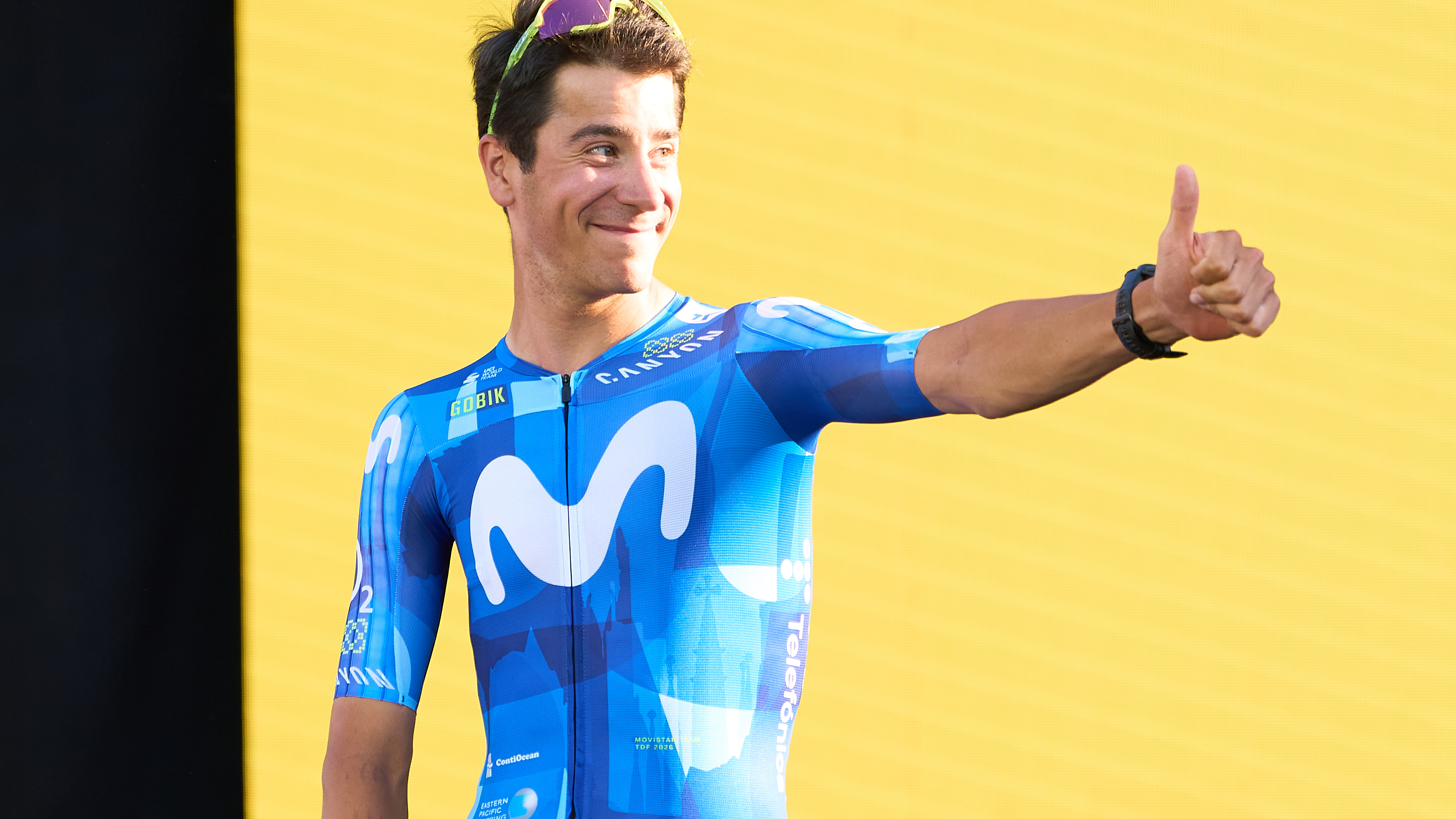 Cian Uijtdebroeks of Team Movistar during the team presentation prior to the Tour de France 2026