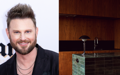 A headshot of Bobby Berk next to a picture of a kitchen with a green tiled island with a lamp on top 