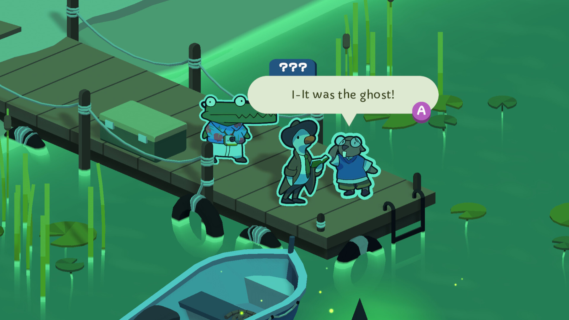 A screenshot of the upcoming PS5 game, Duck Detective: The Ghost of Glamping.