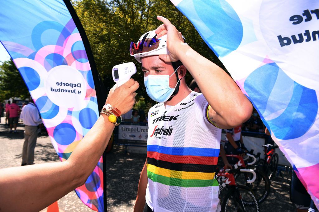 World champion Mads Pedersen (Trek-Segafredo) gets a temperature check before stage 2