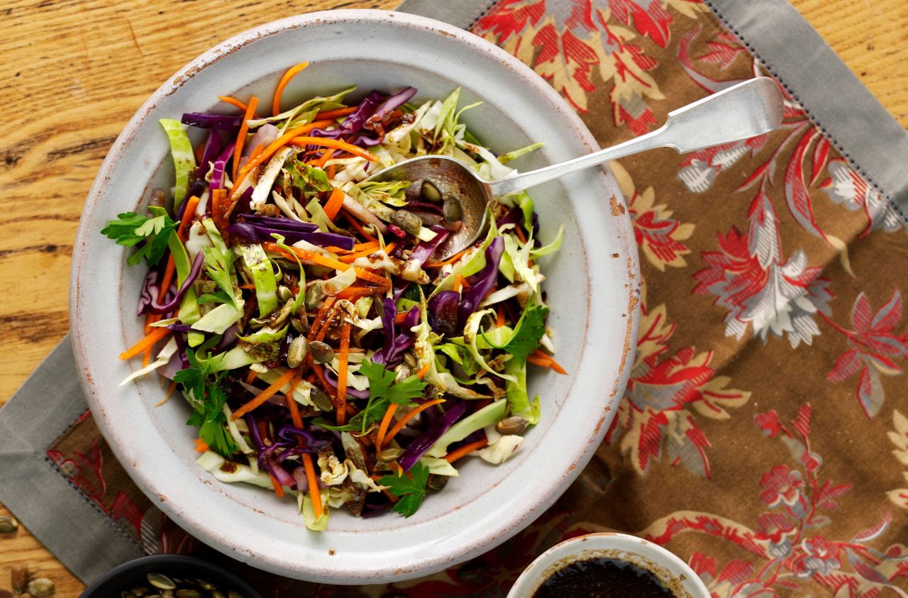 Warm rainbow cabbage salad