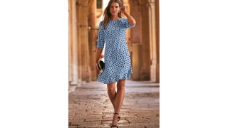 Sosandar Blue & Black Spot Print Ruffle Hem Shift Dress